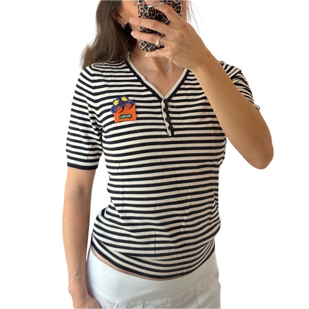 Qianlibong Black White Striped Embellished Knit Polo Henley Top Size S